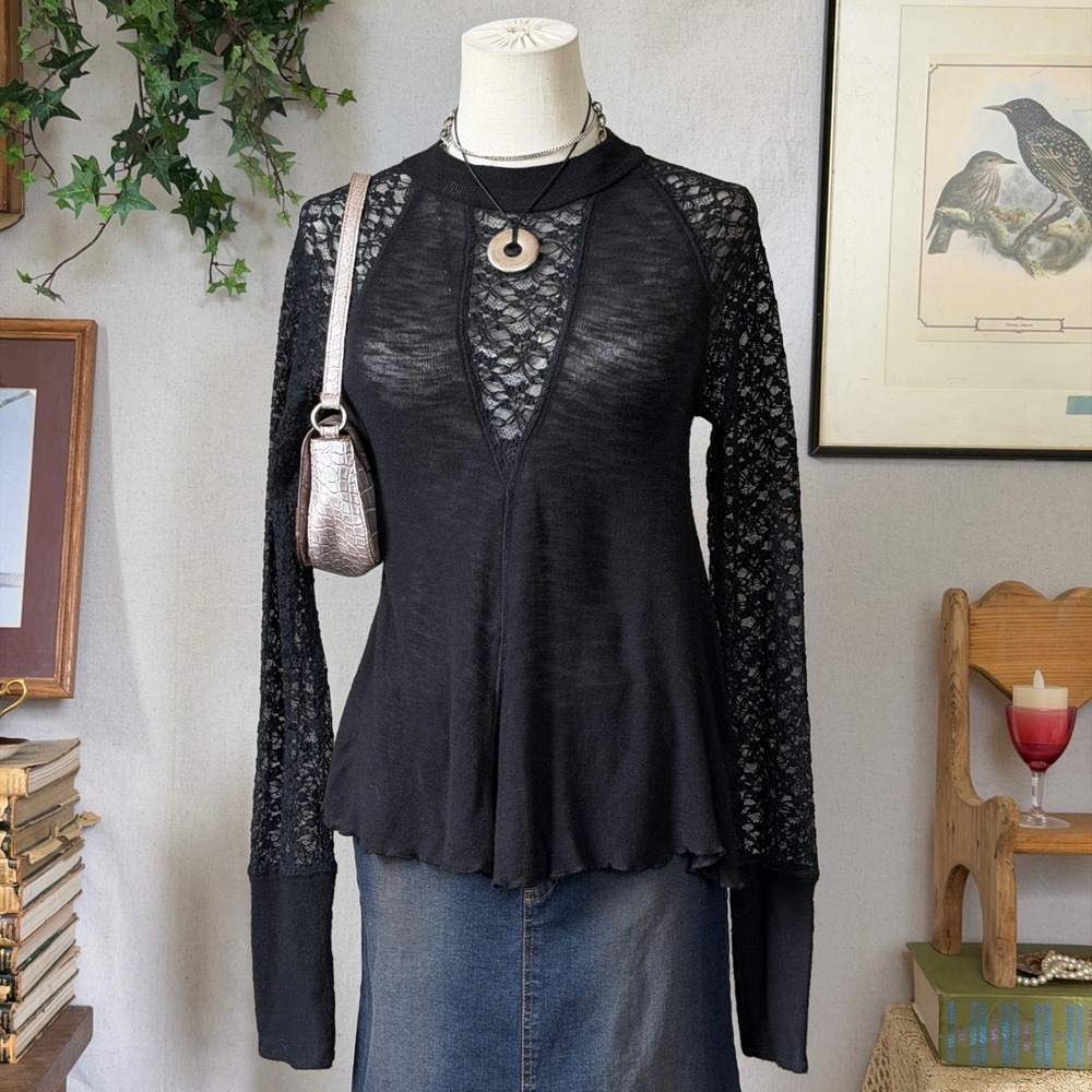 Free People Black Lace Trim Rayon Top Whimsygoth Dark Romantic S Sheer Panels